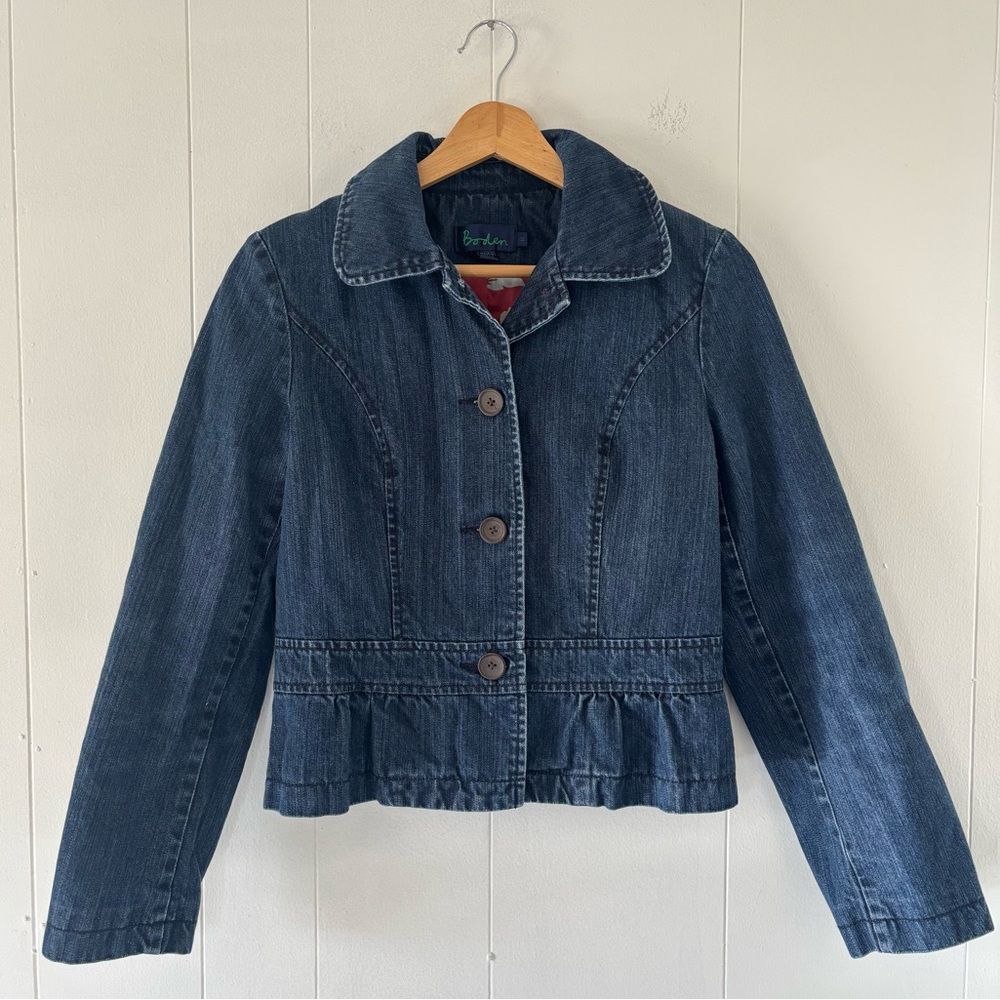 Boden Women’s Cotton Denim Peplum Hem Blazer Jacket Ruffle Button Size 10